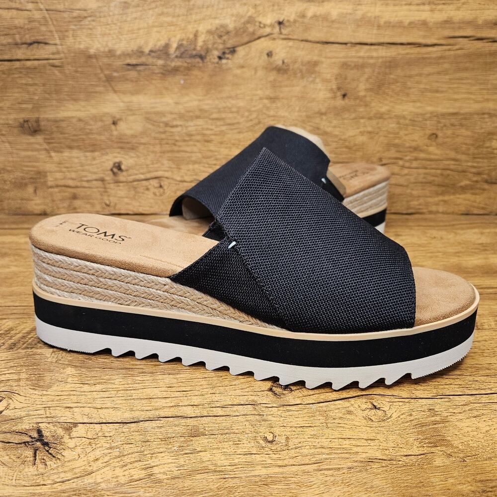 Toms Diana Mule Black Canvas Platform Wedge Espadrille Slides womens sz 11